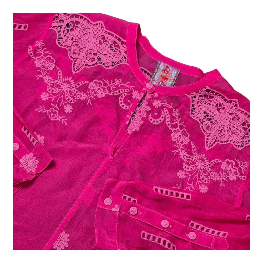 Johnny Was Women's L Heidine Pink Embroidered Floral Tie Blouse Boho Sheer